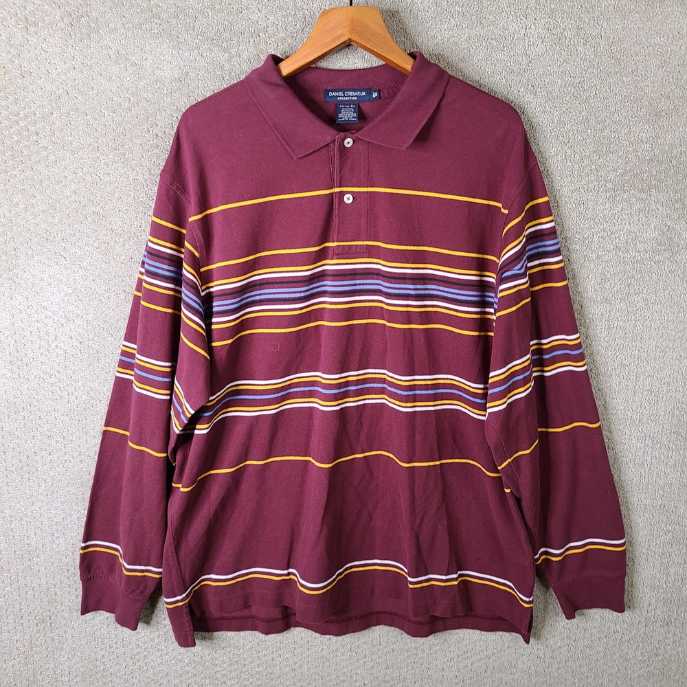 Daniel Cremieux Shirt Mens XL Burgundy‎ Striped Polo Classic Fit Long Sleeve
